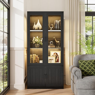 Vitrine avec portes en acrylique, armoire de rangement Curio avec 3 tablettes, bibliothèque avec lumières DEL, capteur de corps humain pour livres et collections, noir
