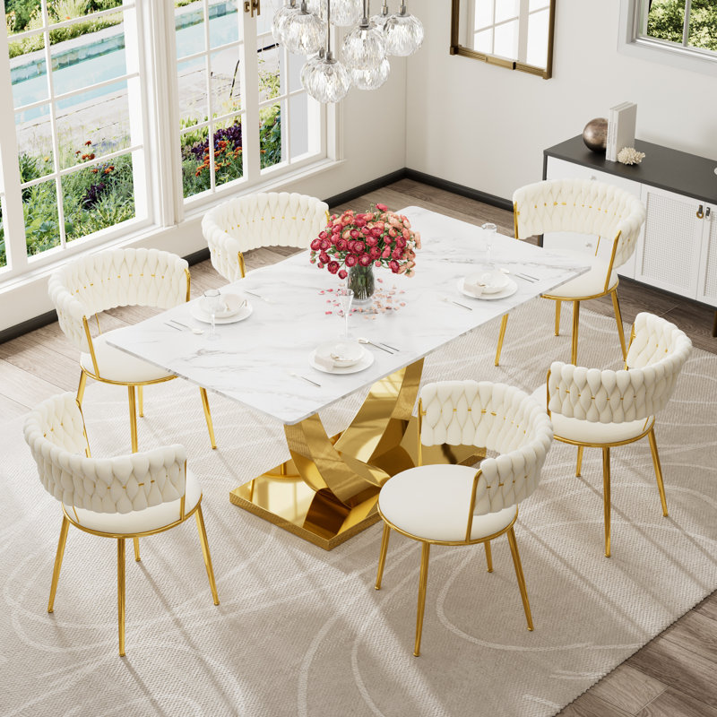 Ensemble de salle à manger à piédestal rectangulaire avec chaise de salle à manger en velours Modern Weaven, Table, 6 chaises