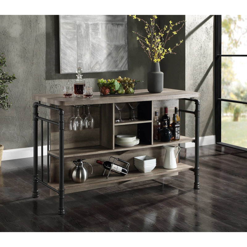 Îlot de cuisine en chêne antique et gris sablé avec 5 tablettes, offrant suffisamment de rangement pour les bouteilles et les verres, table de cuisine à 5 tablettes avec pieds en métal et pieds de table stables, verres de grande capacité