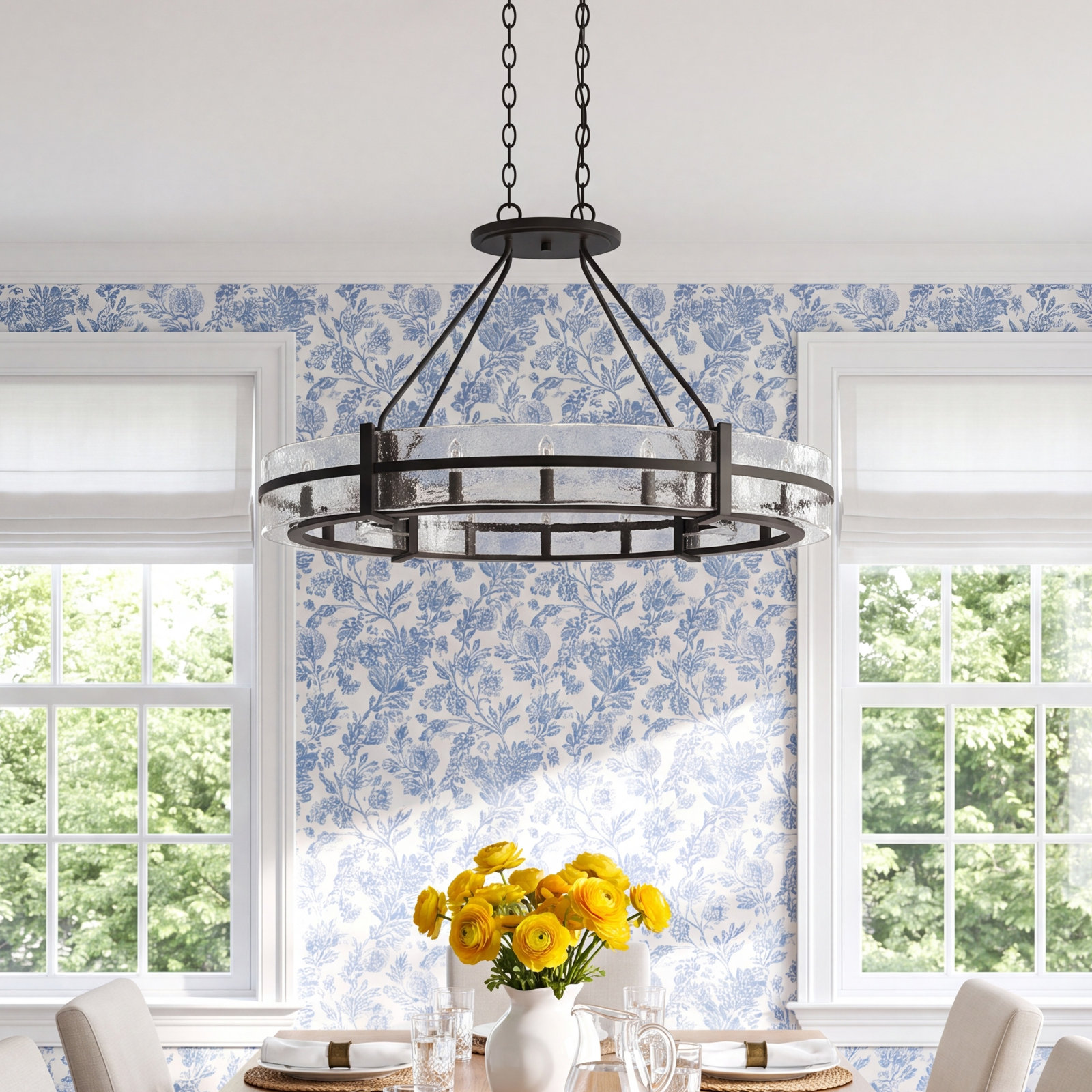 Brisa Steel Dimmable Drum Chandelier, 10 Light Linear Chandelier