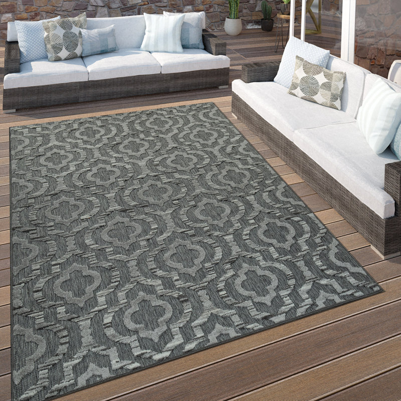 Tapis d'extérieur gris foncé avec motif d'ornement marocain moderne pour patio, Rectangle 5 pi 3 po x 7 pi 7 po
