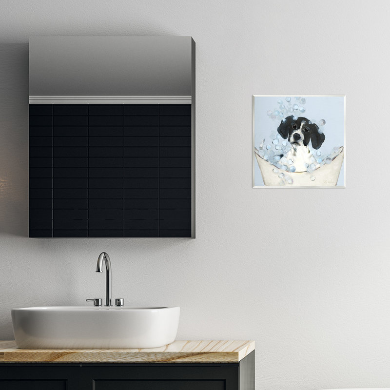 Plaque murale chiot noir et blanc dans la baignoire, design par Sally Swatland