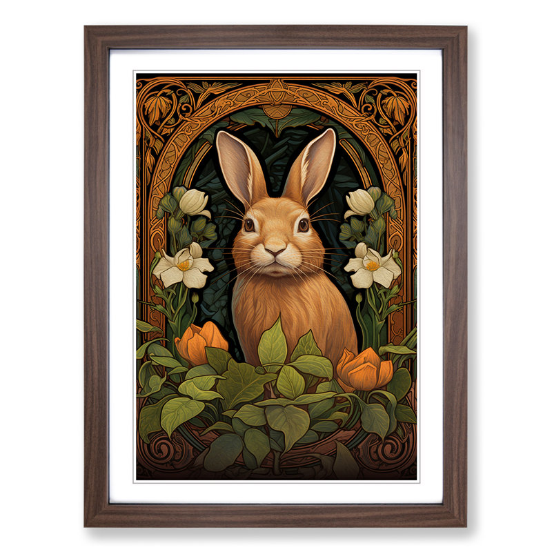 XYZ-FRM-V1223-5328 Rabbit Nouveau No.2 - Single Picture Frame Print on Wood, 34cm H x 25cm W x 2cm D, Walnut