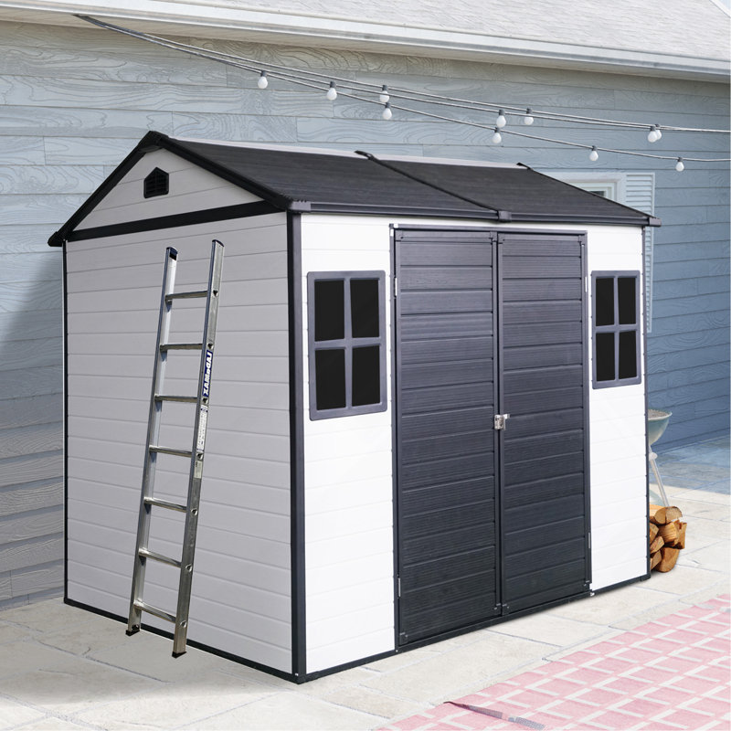 8 X 6 Ft Resin Outdoor Storage Shed Waterproof Shed With Floor & Two Windows & Lockable Door, Tool Shed For Garden, Patio, Backyard,Grey White