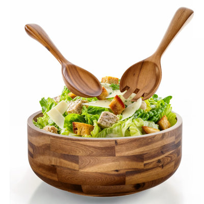 Ensemble de bols à salade 12 "avec 2 mains en bois - Grand bol de service en bois d'acacia avec ustensiles de service - Grand bol à mélanger pour fruits, salade, pâtes pour comptoir de cuisine