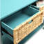 Console rectangulaire bleu sarcelle avec 2 tiroirs et rangement sur tablette inférieure en bois
