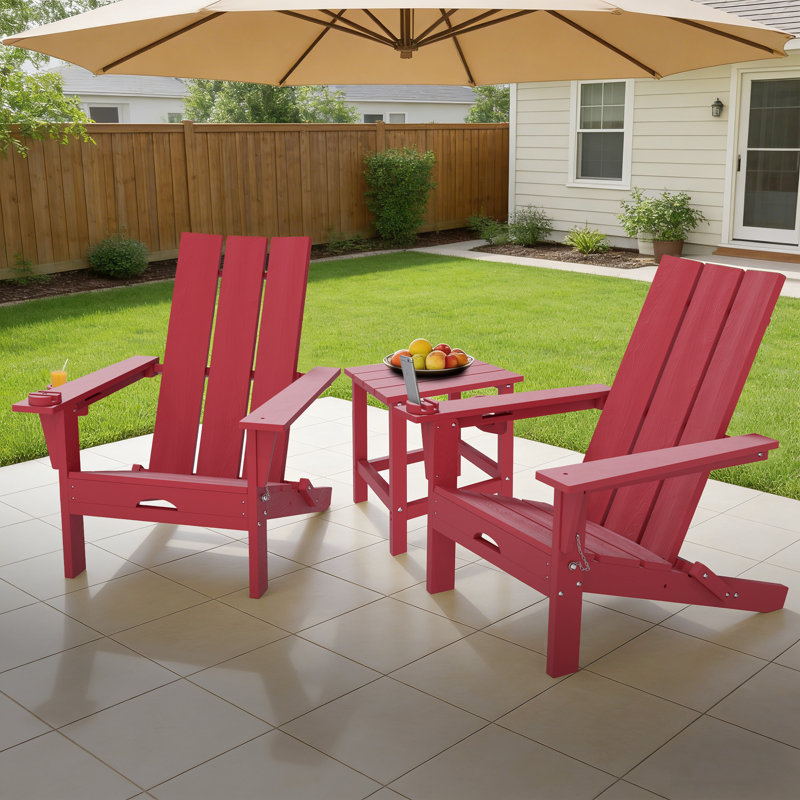 2 - Person Outdoor Folding Adirondack Chair Set With Side Table, Red