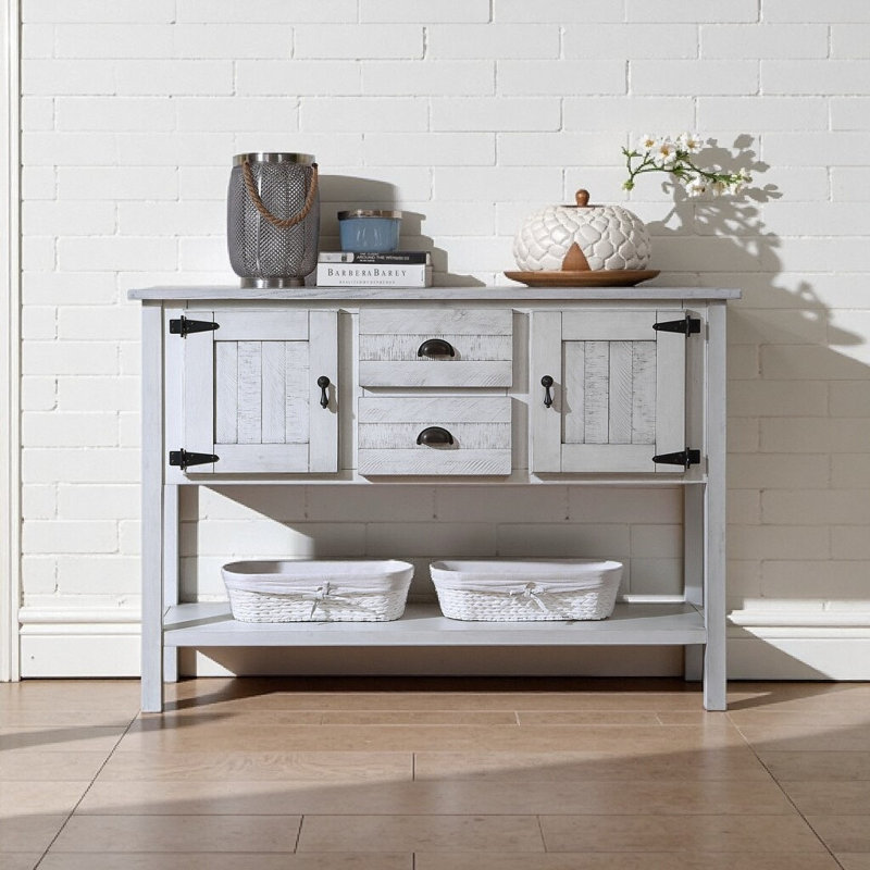 Console de rangement en bois avec 2 tiroirs, armoires et tablette inférieure, Blanc antique