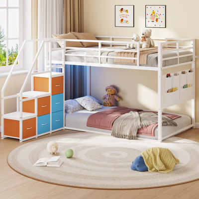 Twin Bunk Beds With Led Lights & Storage, 6 Drawers,Twin Over Twin Bunk Bed, Metal Low Bed With Safety Ladder And Guardrail,Space Saving,White