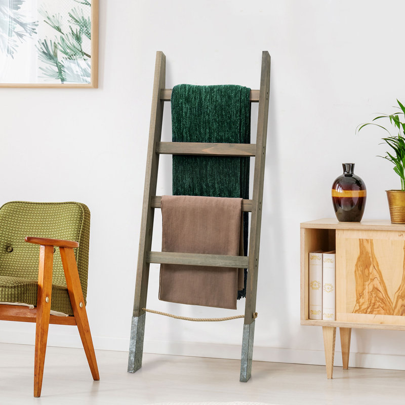 Échelle à couverture en bois massif Farmhouse - Porte-serviettes mural 55 po avec corde et accents métalliques
