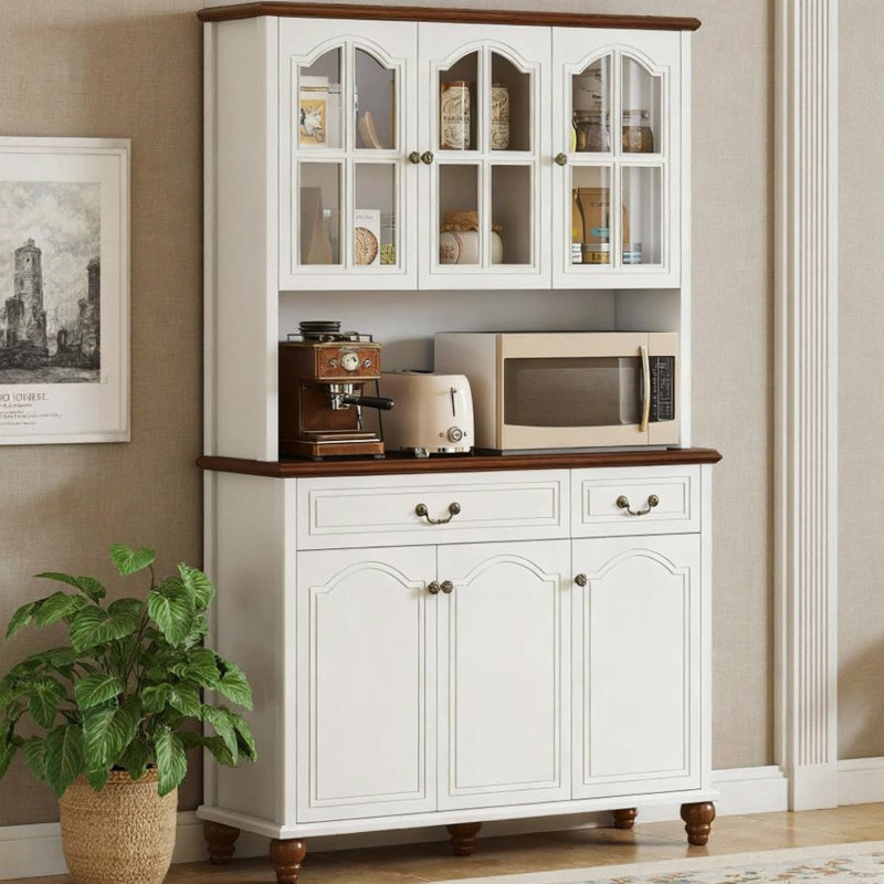 Buffet de cuisine blanc avec 6 portes, 2 tiroirs et 3 tablettes réglables à 3 niveaux