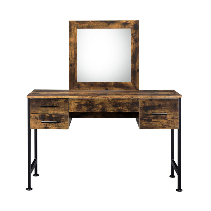 Meuble-lavabo rustique avec 4 tiroirs de rangement, structure en métal noir, miroir L 18 po x H 18 po, tiroir coulissant avec tiroirs