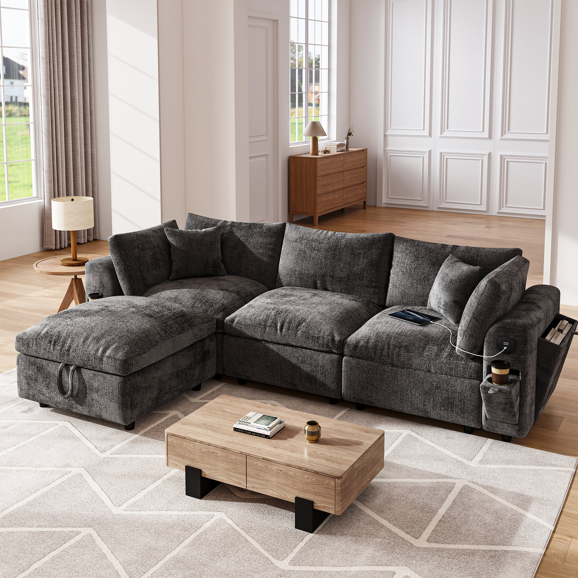 Mercer41 110.5" Cloud Chenille L-Shaped Modular Sectional Sofa with ...