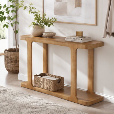 50" Minimalist Modern Console Table, Inlaid Assembly Design, Solid Wood Legs, Pine Veneer, Thick Tabletop & Bottom Shelf, Entryway Sofa Table