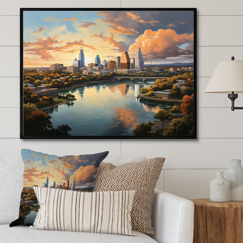 «Austin Dynamic Cityscape IV - Austin», art mural encadré, H 34 po x l 44 po x P 1,5 po, Cadre flottant noir