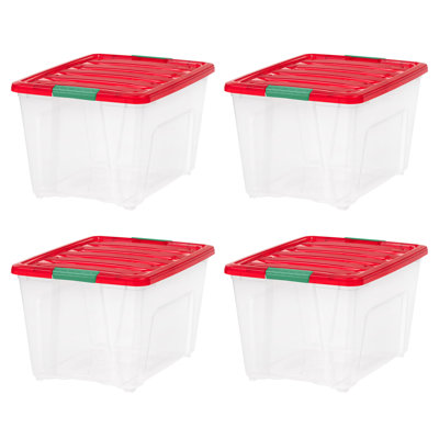 IRIS 54 Qt. Holiday Storage Buckled Clear Box, Clear Body With Red Lid & Elf Green Buckles (4-pack)