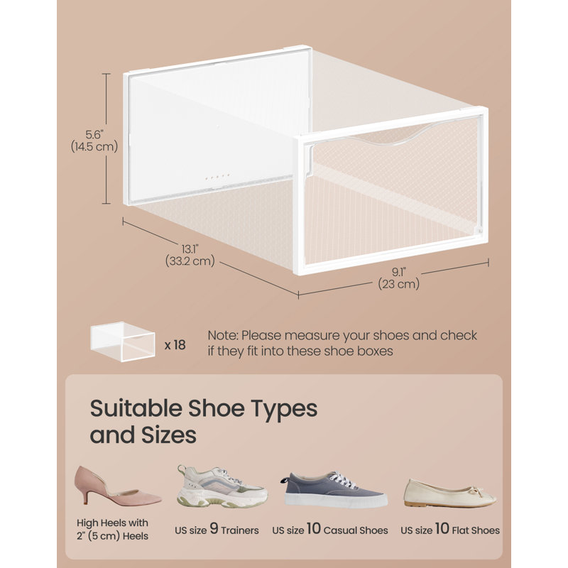 Stackable Shoe Boxes, Set Of 18 Plastic Shoe Organizers, 13.1 X 9.1 X 5.6 Inches, For US Size 11, Transparent/Cloud White