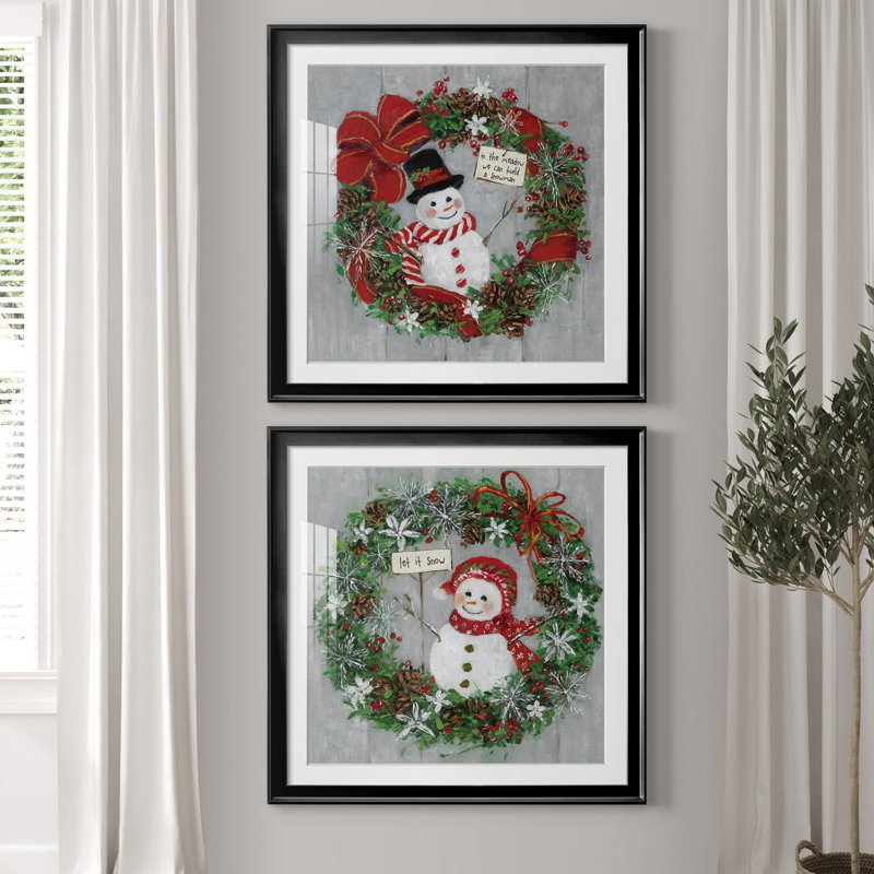 Mr. Snowman - Ensemble de 2 reproductions d'art encadrées, H 30,5 po x l 61 po x P 1,5 po, Papier encadré noir, Blanc