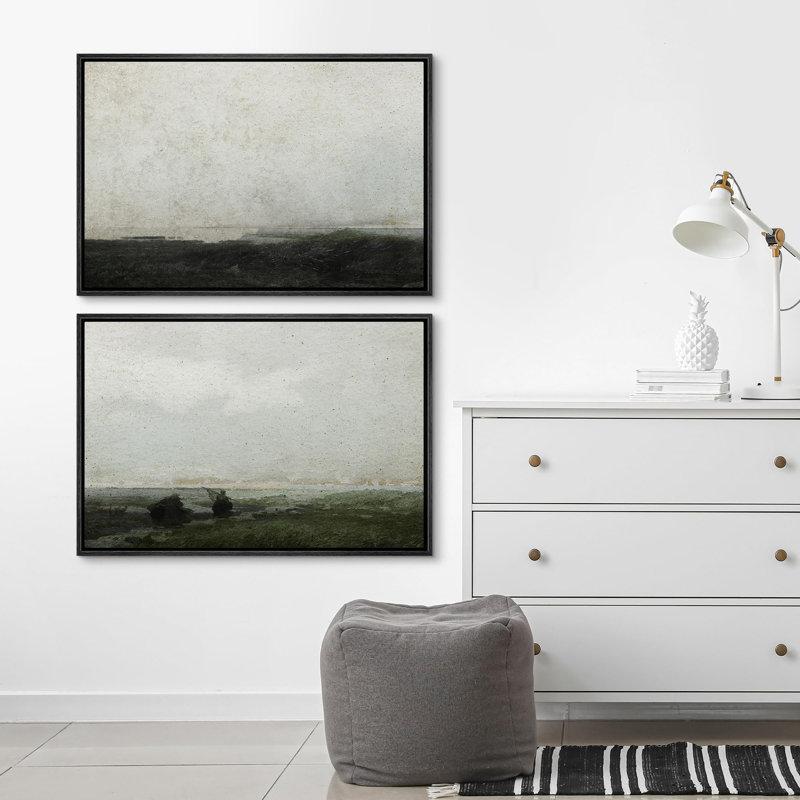 Minimal Landscape - Paysage abstrait vert foncé Moody 2 pièces, Cadre noir, H 16 po x l 24 po