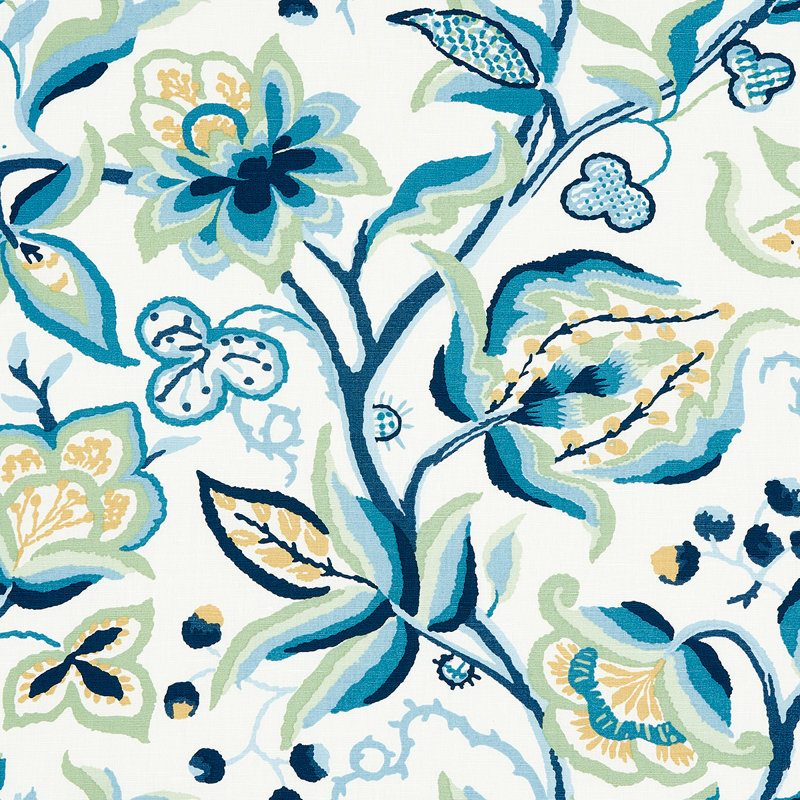 Alexandra Vine Linen Fabric, Navy/Leaf