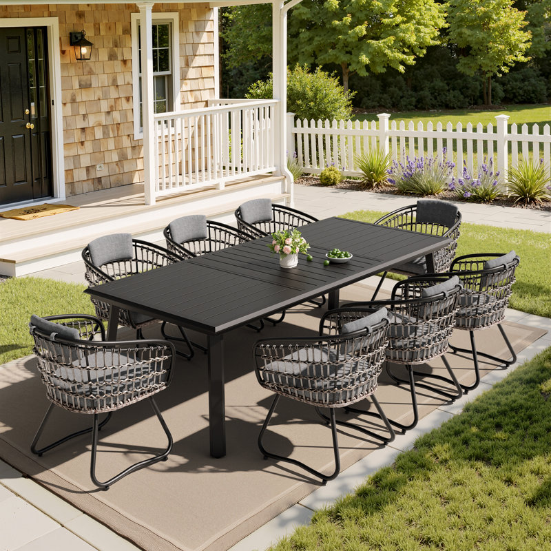 8 - Person Rectangular Aluminum Dining Set with Gray Removable Cushions  and Umbrella Hole (Set of 9), Gray