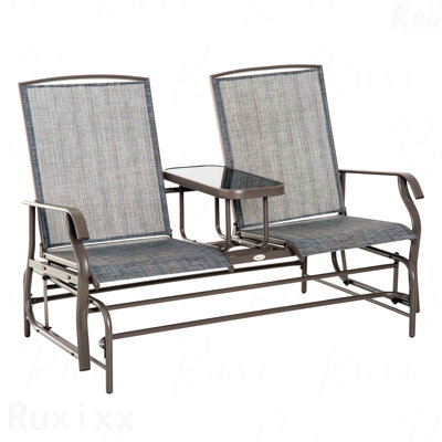 Fabric Gray Outdoor Glider Bench With Center Table Metal Frame Patio Loveseat With Breathable Mesh And Armrests For Backyard Garden Porch