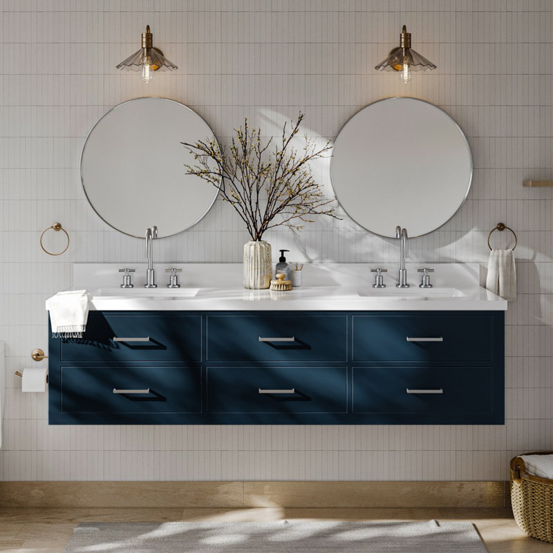Ensemble de meuble-lavabo double mural 73 po Macolm, Bleu minuit, Laiton satiné, 73"