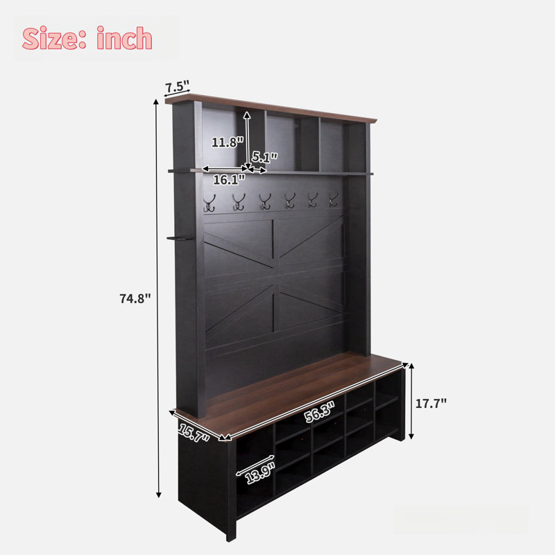Hall Tree 56.3'' Wide with Bench and Shoe Storage, Black