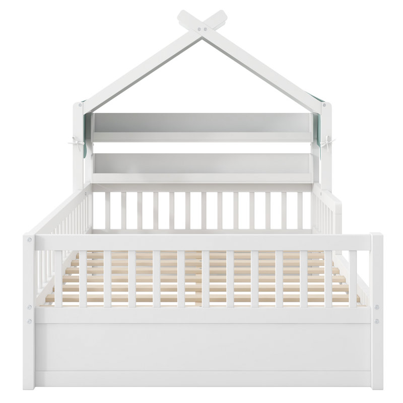 Twin Size Wooden House Bed with Storage Headboard Shelf, White, Twin, White