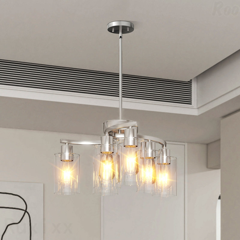 Lustre - configuration 6 lumières, finition nickel brossé, Six lumières, H 55 po x l 21,7 po x P 21,7 po, Chrome chrome