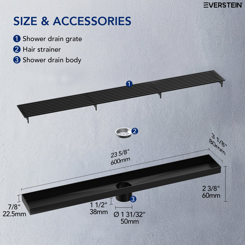  Garniture de drain de douche 23,62 po x 3,15 po, Noir mat