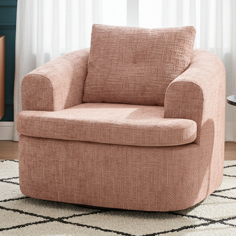 Fauteuil demi-tonneau pivotant rembourré, Chenille rose, 1
