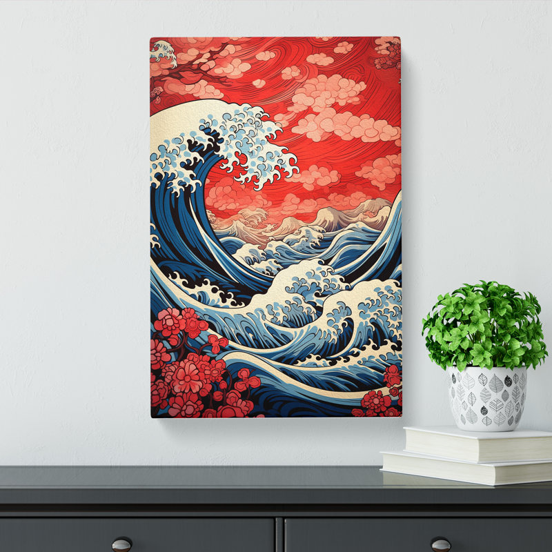 Wave Japanese Art Deco Art - Wrapped Canvas, 76cm H x 50cm W x 3cm D