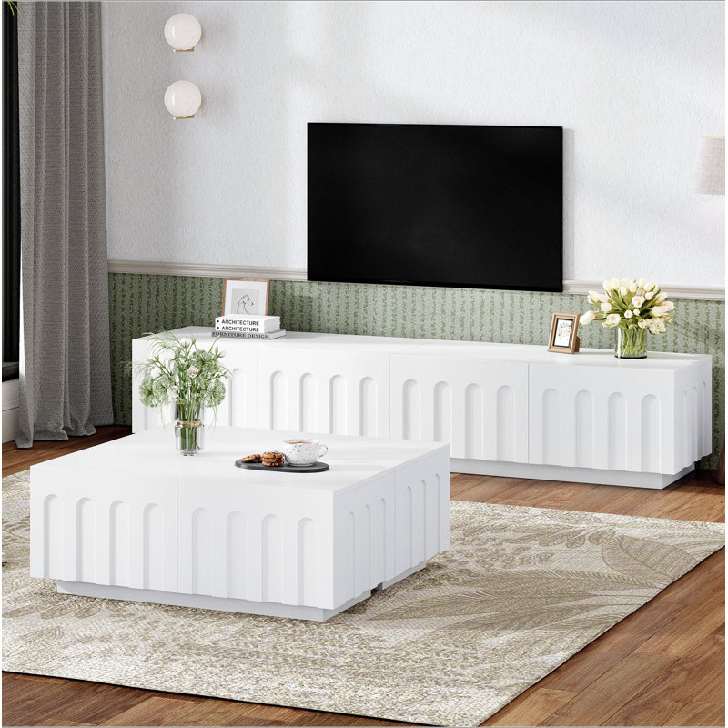 Élégant meuble télé et table basse, ensemble de 2, console multimédia multifonctionnelle avec un design arqué pour les téléviseurs de 80 po ou moins, table centrale moderne à double usage avec tiroirs pour le salon, la chambre à coucher