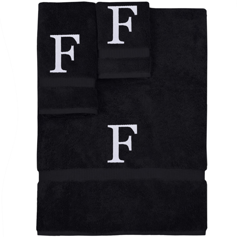 Ensemble de serviettes monogrammées - ensemble de 3 - lettre-bloc, Noir / blanc, F