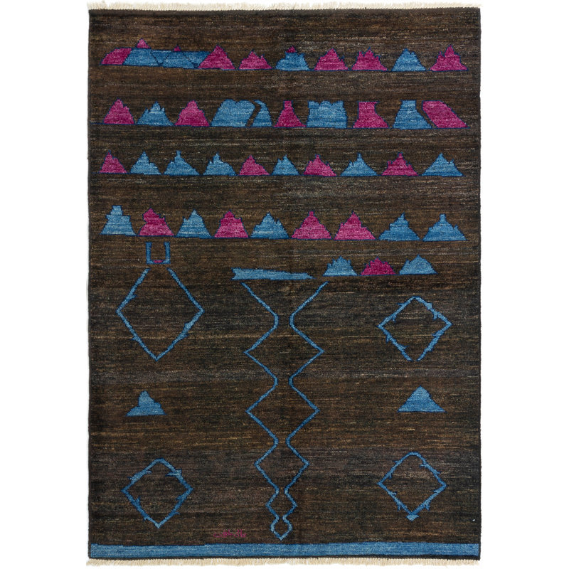 Tapis unique en laine noué à la main noir / bleu / rose 6 pi 7 po x 9 pi années 2010 Anell