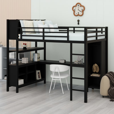 Metal Loft Bed With Wardrobe And L-Shaped Desk,  Storage Cubes And Shelves