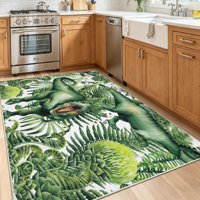 Green Machine Washable,Watercolor with Plants Dinosaurs of Dinosaur Animal Art Tree Ancient Indoor Area Rug