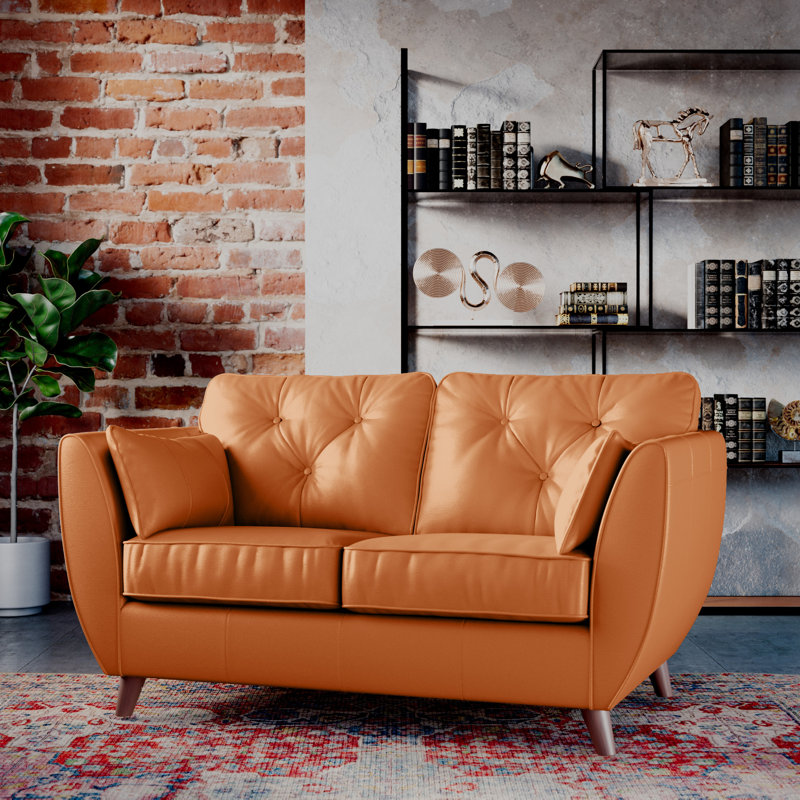 Marylin 2 Seater Leather Tufted Sofa, Dark Wood, Saddle