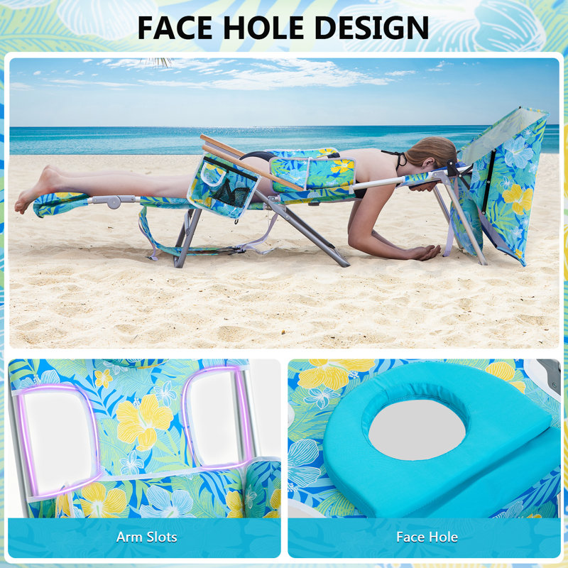 Backpack Folding Beach Chair With Adjustable Sunshade, Backrest And Footrest, Reclining Lounge Chair Facedown Tanning Chair For Beach Camping Pool Patio