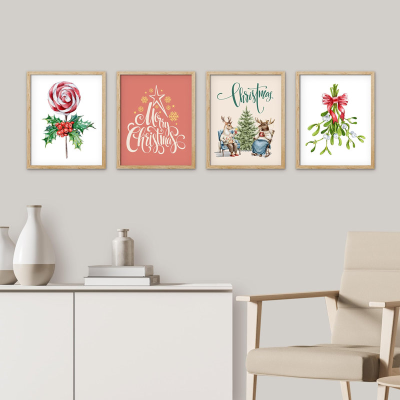 Merry Christmas Candy Cane Presents Tree - ensemble de 4 reproductions de cadres photo simples, Naturel, H 16 po x l 12 po