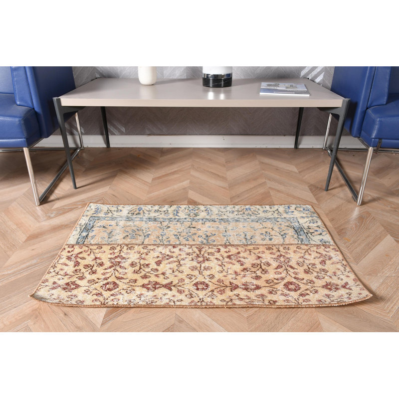 Handcrafted Turkish Patchwork Vintage Small Wool Rug With Oriental Design Ideal For Entryway In Beige Color
