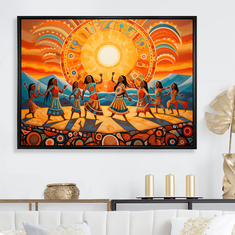 Danse amérindienne du soleil, impression sur toile, Cadre flottant noir, H 30 po x l 40 po x P 1,5 po