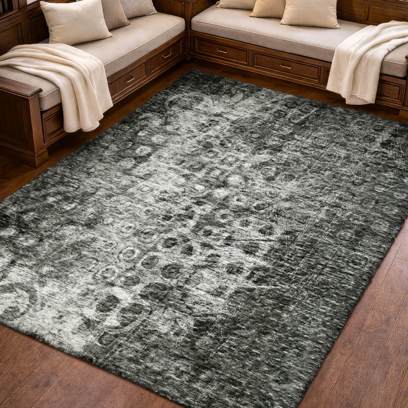 Tapis Ikat ADS577 de qualité supérieure lavable à la machine, Gris anthracite, 10 pi x 14 pi