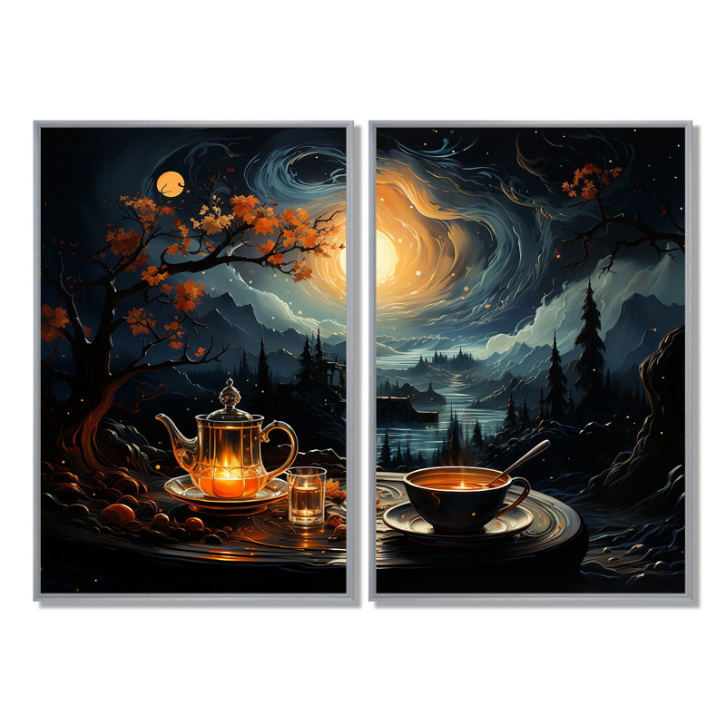 Café, paysage de rêves infusés - décoration murale traditionnelle, 36" H x 48" W, Impression encadrée flottante, Silver