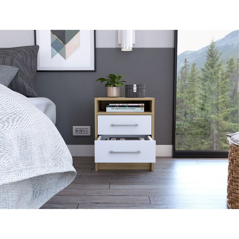 2-Drawer 1-Shelf Rectangle Nightstand, White/Brown