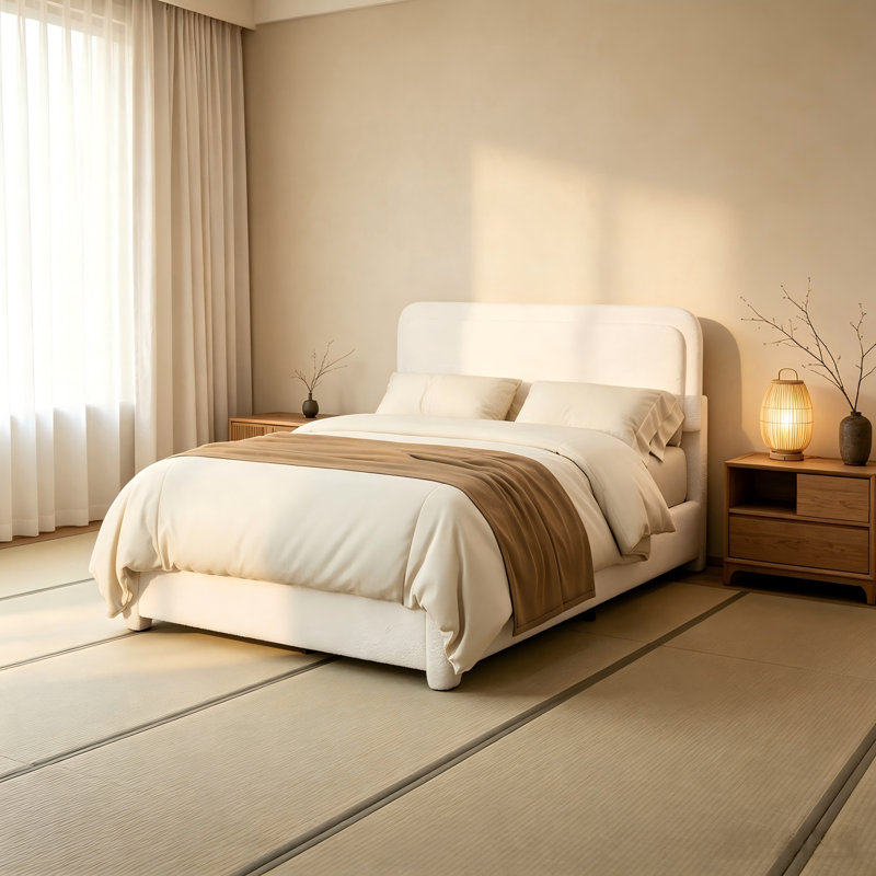 Modern Low Profile Full Size Platform Bed Frame, With Adjustable Height Square Headboard, No Box Spring Needed, White, Full