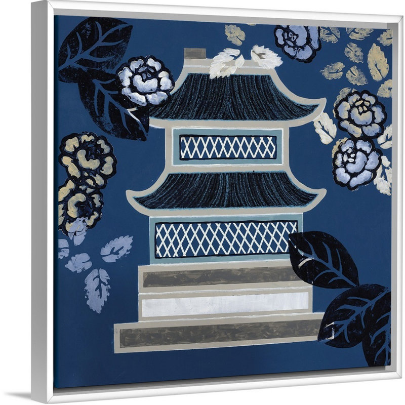 « pagode ii », peinture sur toile, Cadre flottant blanc, H 17,7 po x l 17,7 po x p 1,75 po