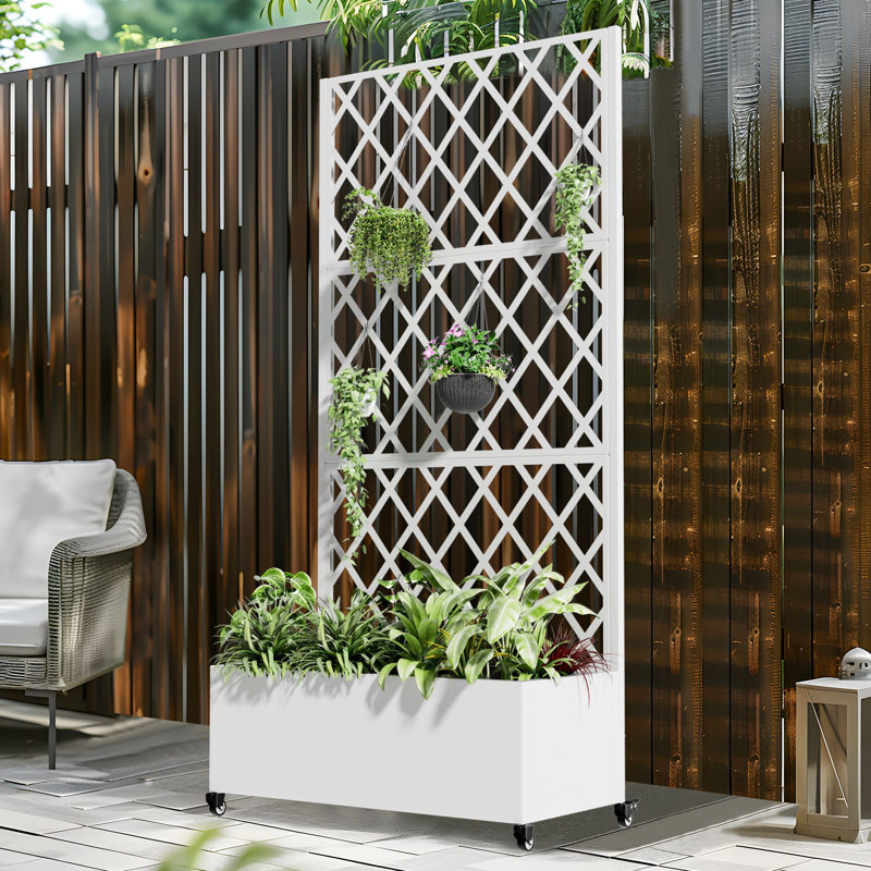 Metal Planter Box with Trellis with Wheels, 71" H x 35" W x 16" D, White