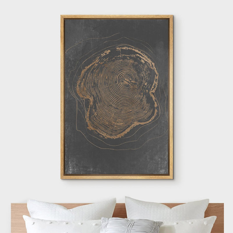 Tree Ring Dark Gray Wood Texture Artwork Minimalist Neutral Pictures Framed Canvas Print Wall Art, 36" H x 24" W , Natural